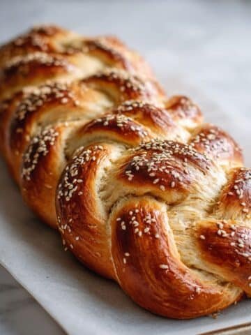 Freshly baked sourdough challah bread with golden crust and sesame seeds