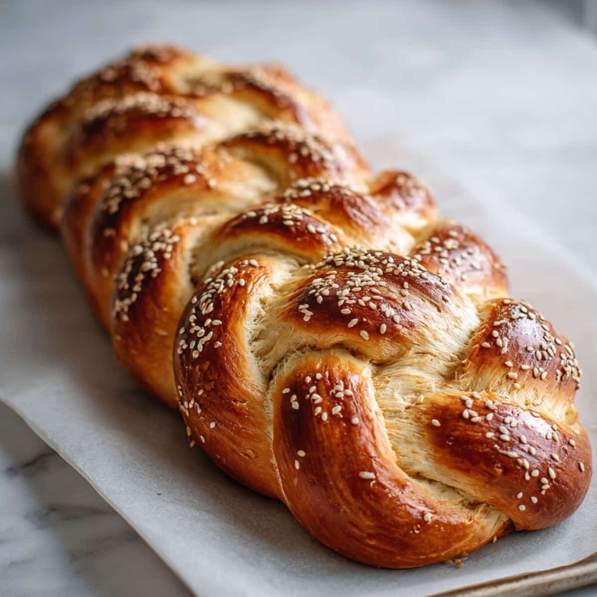 Freshly baked Sourdough Challah Bread with golden crust and sesame seeds	