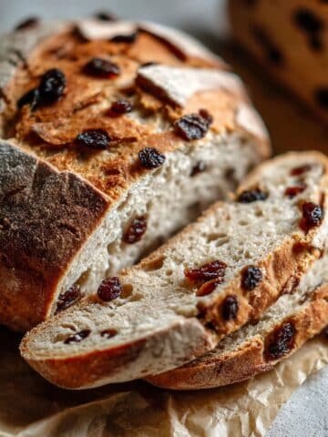 Homemade sourdough cinnamon raisin bread sliced on parchment paper