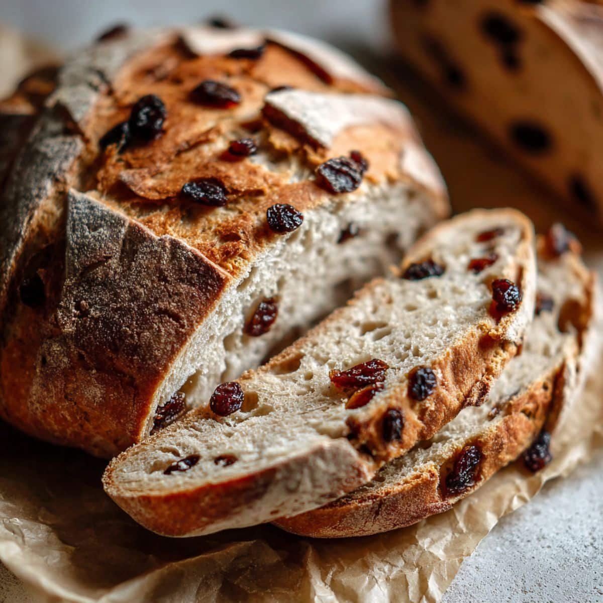 Homemade sourdough cinnamon raisin bread sliced on parchment paper