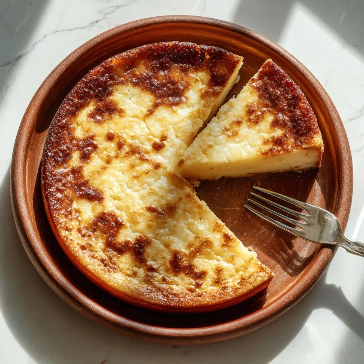 Golden brown baked 3 ingredient cassava cake served on a plate with a fork.