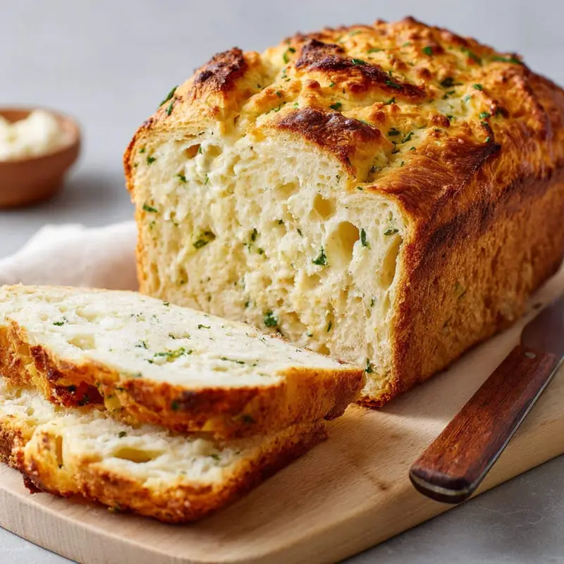 Freshly baked loaf of homemade cottage cheese bread on wooden board