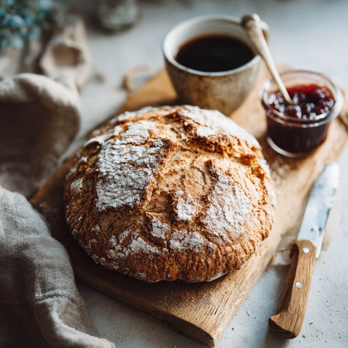 Rustic homemade gluten-free peasant bread loaf sliced on a wooden board with jam and coffee	