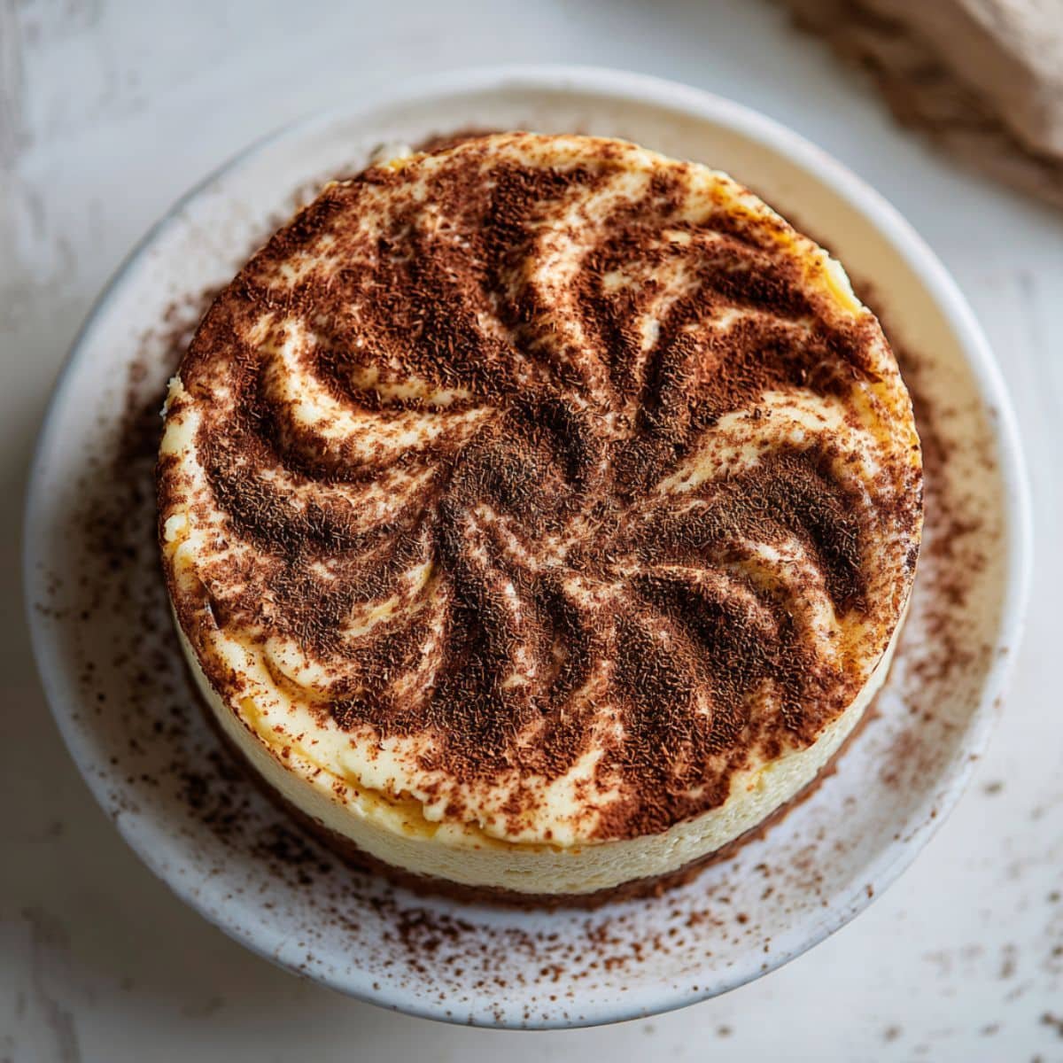 Homemade tiramisu cheesecake with cocoa dusting and cream swirls, photographed on a white kitchen table from above