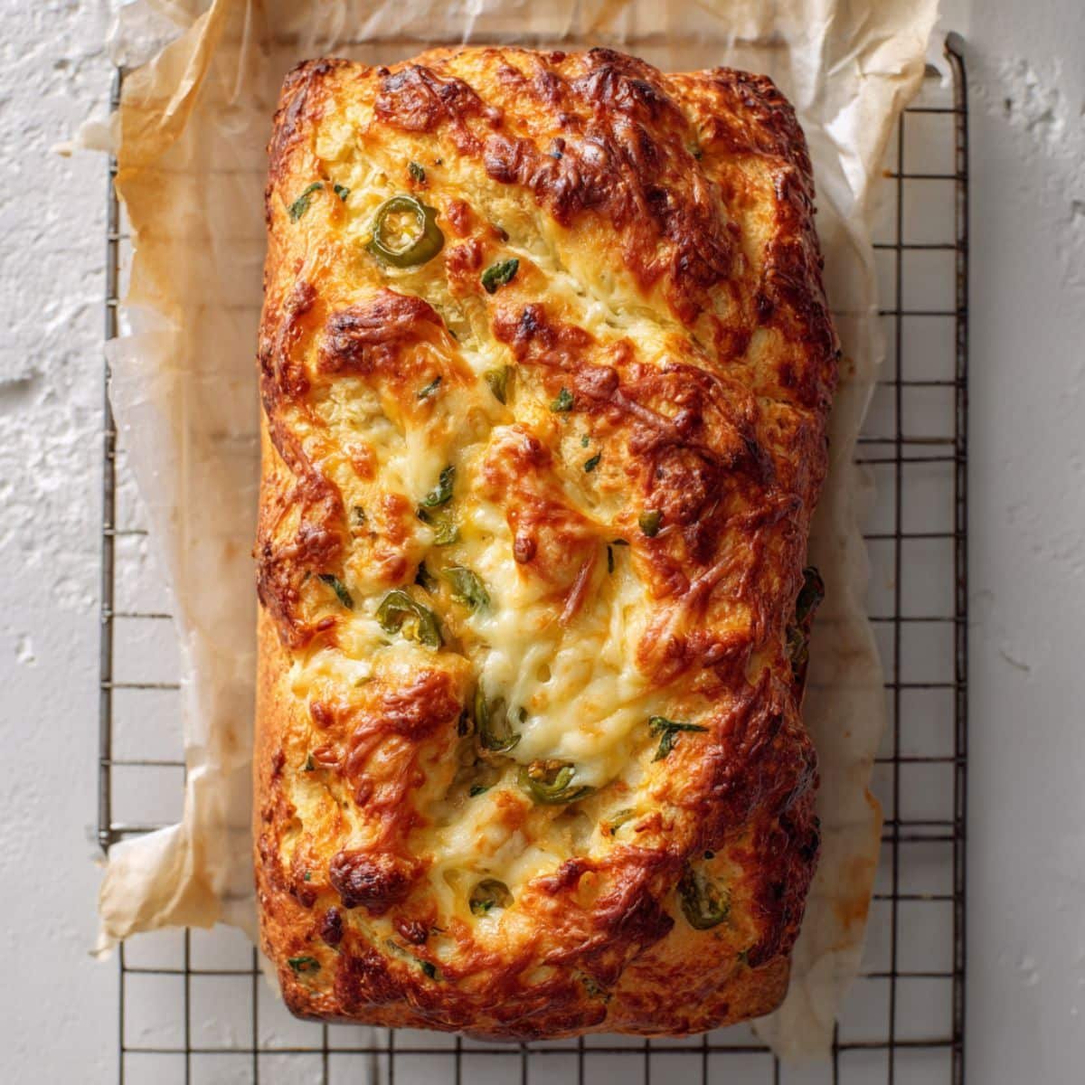 Golden loaf of jalapeño cheese bread fresh from oven on cooling rack