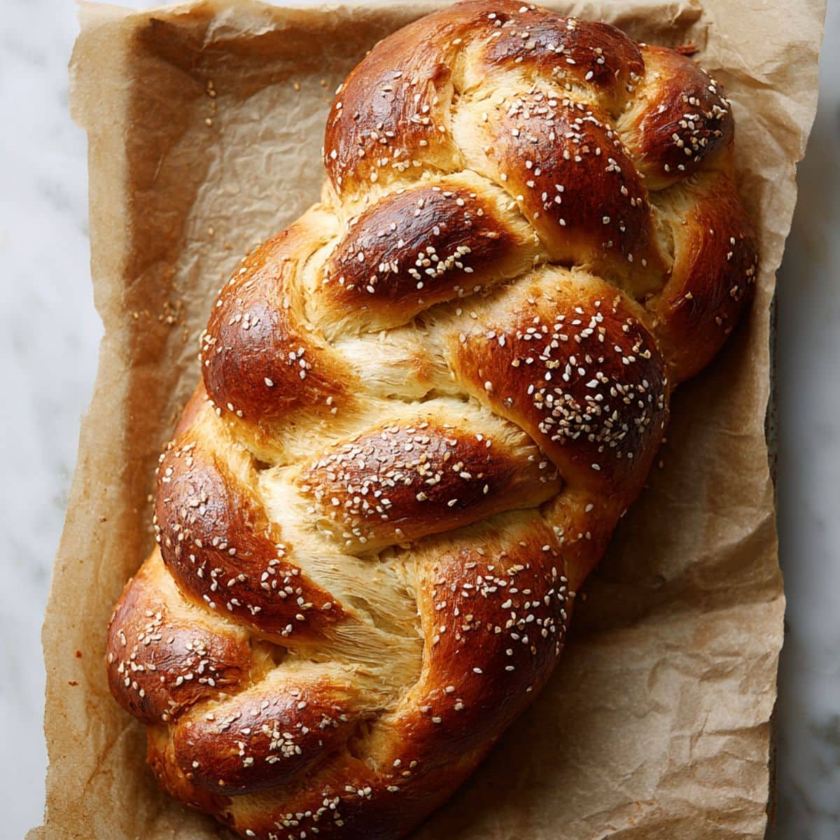 Braided sourdough challah loaf on baking sheet before baking	
