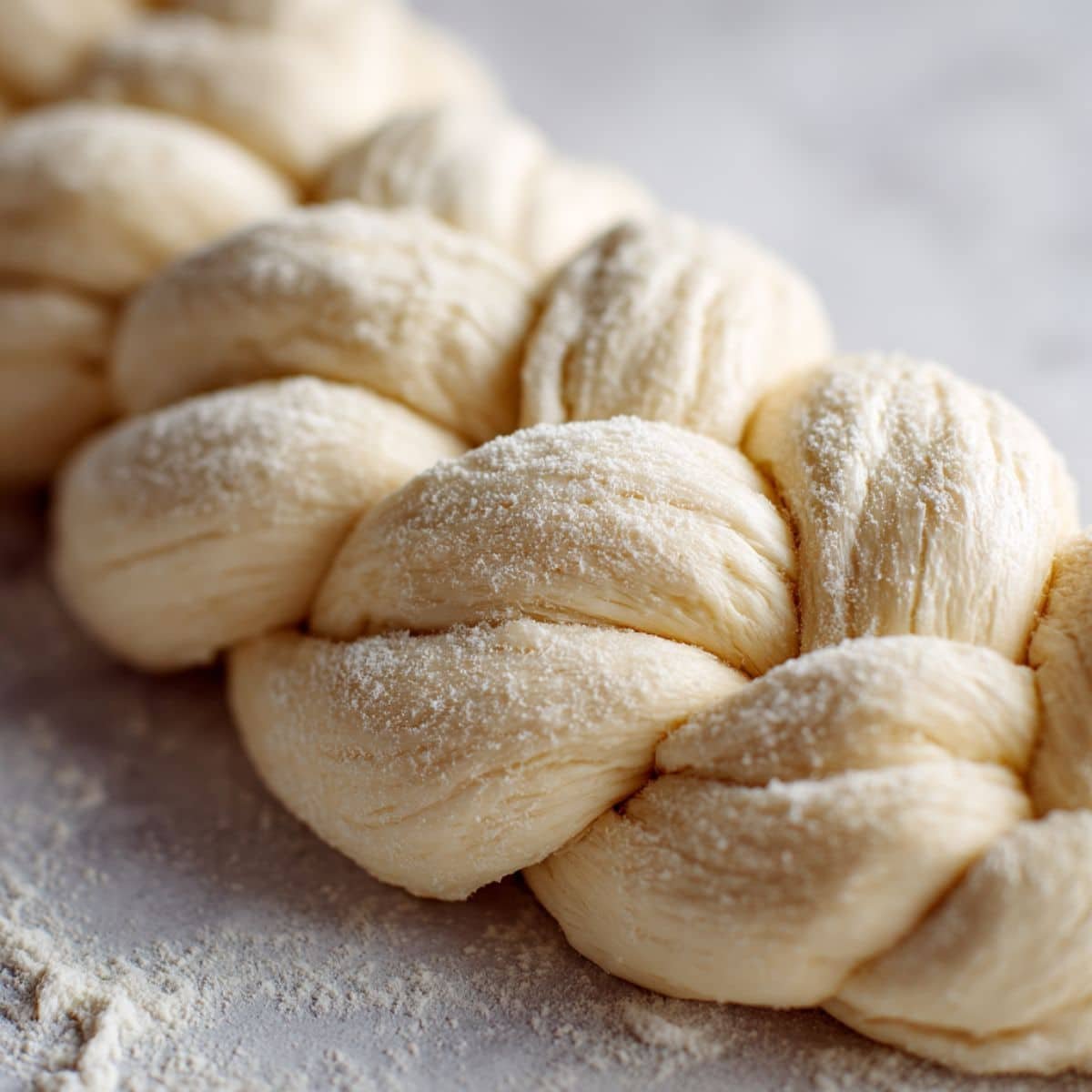 Braiding sourdough challah dough on a floured surface	