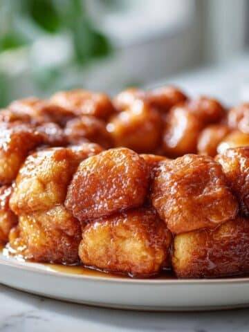 Freshly baked gluten free monkey bread on a white plate with cinnamon sugar glaze, top-down view in a white kitchen.