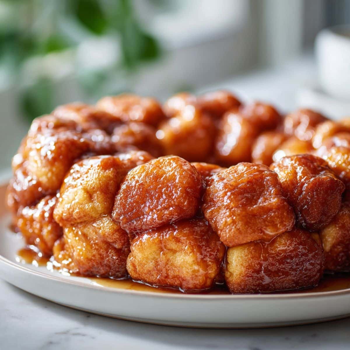 Freshly baked gluten free monkey bread on a white plate with cinnamon sugar glaze, top-down view in a white kitchen.
