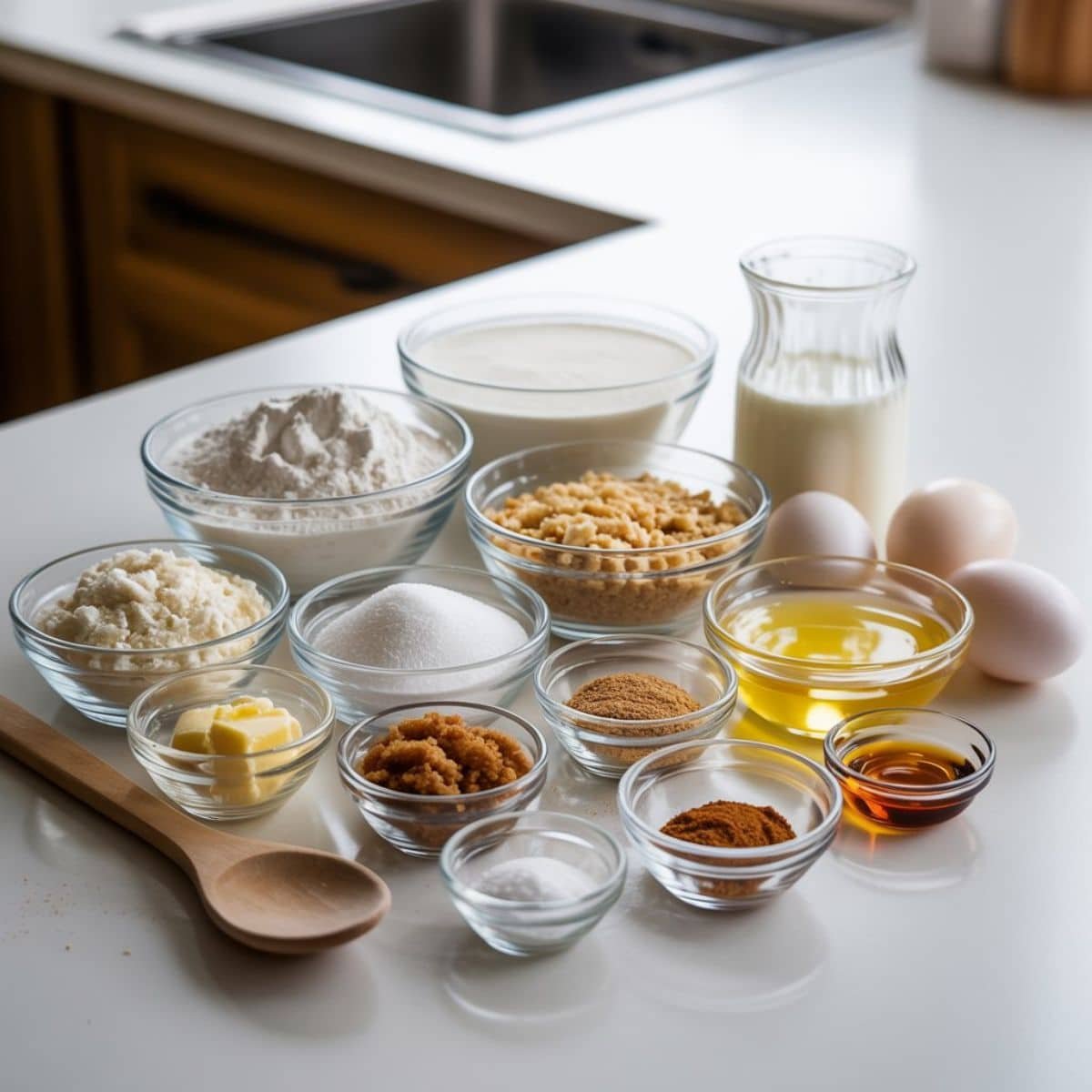 Ingredients for gluten free monkey bread arranged in bowls on a white kitchen counter including flour blends, butter, eggs, sugar, cinnamon, and yeast.