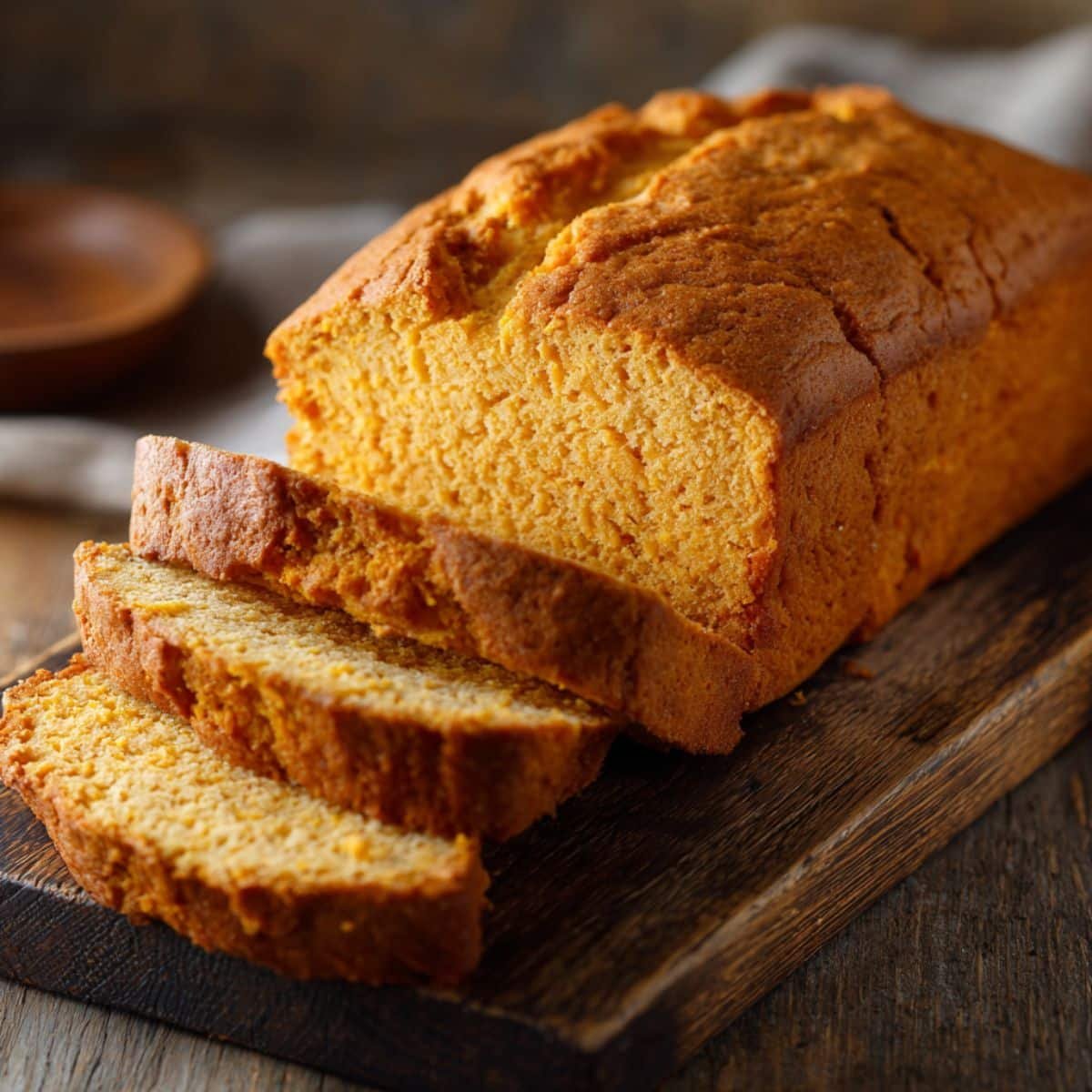 Sliced gluten free sweet potato bread loaf on wooden cutting board