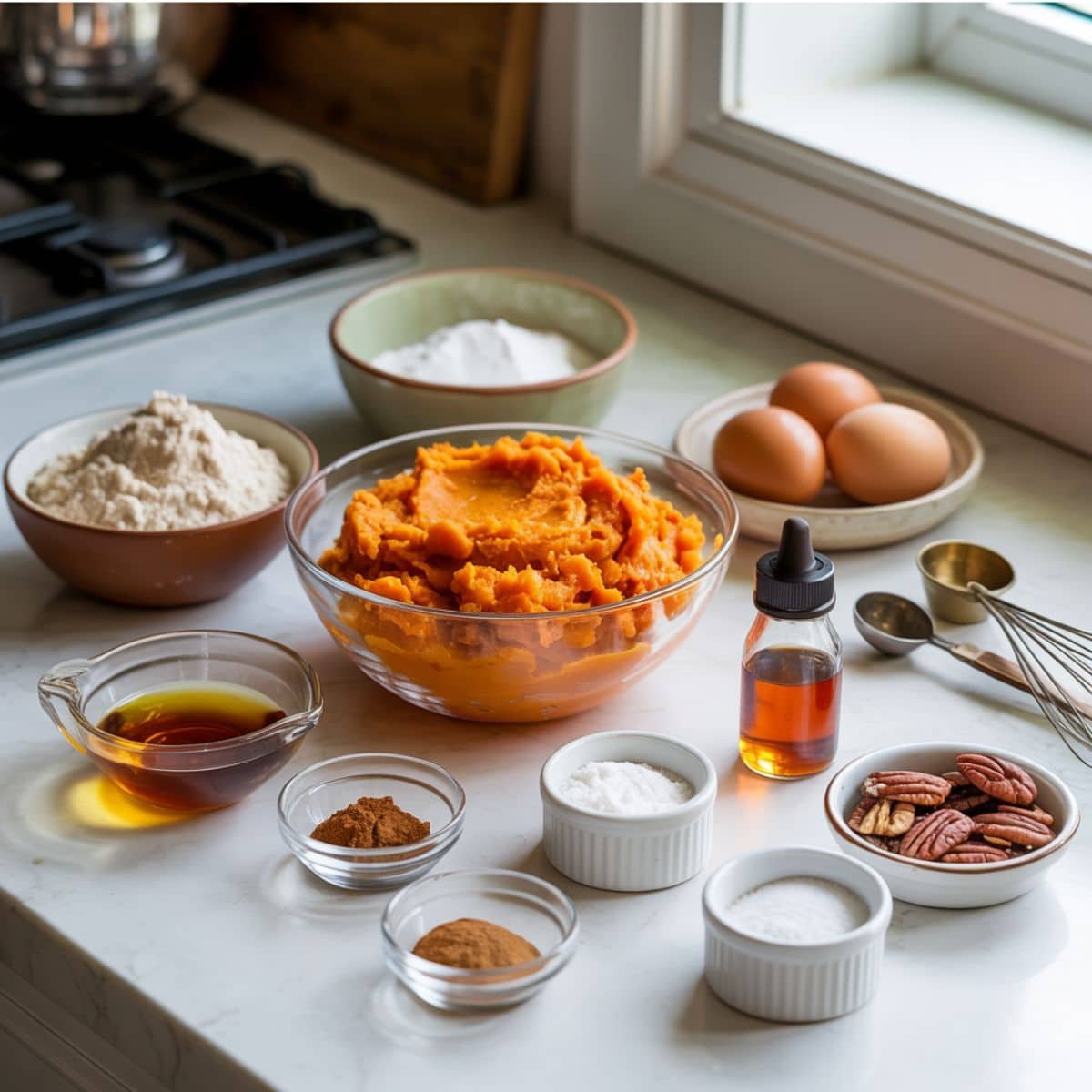Ingredients arranged on white counter for gluten free sweet potato bread, flat lay