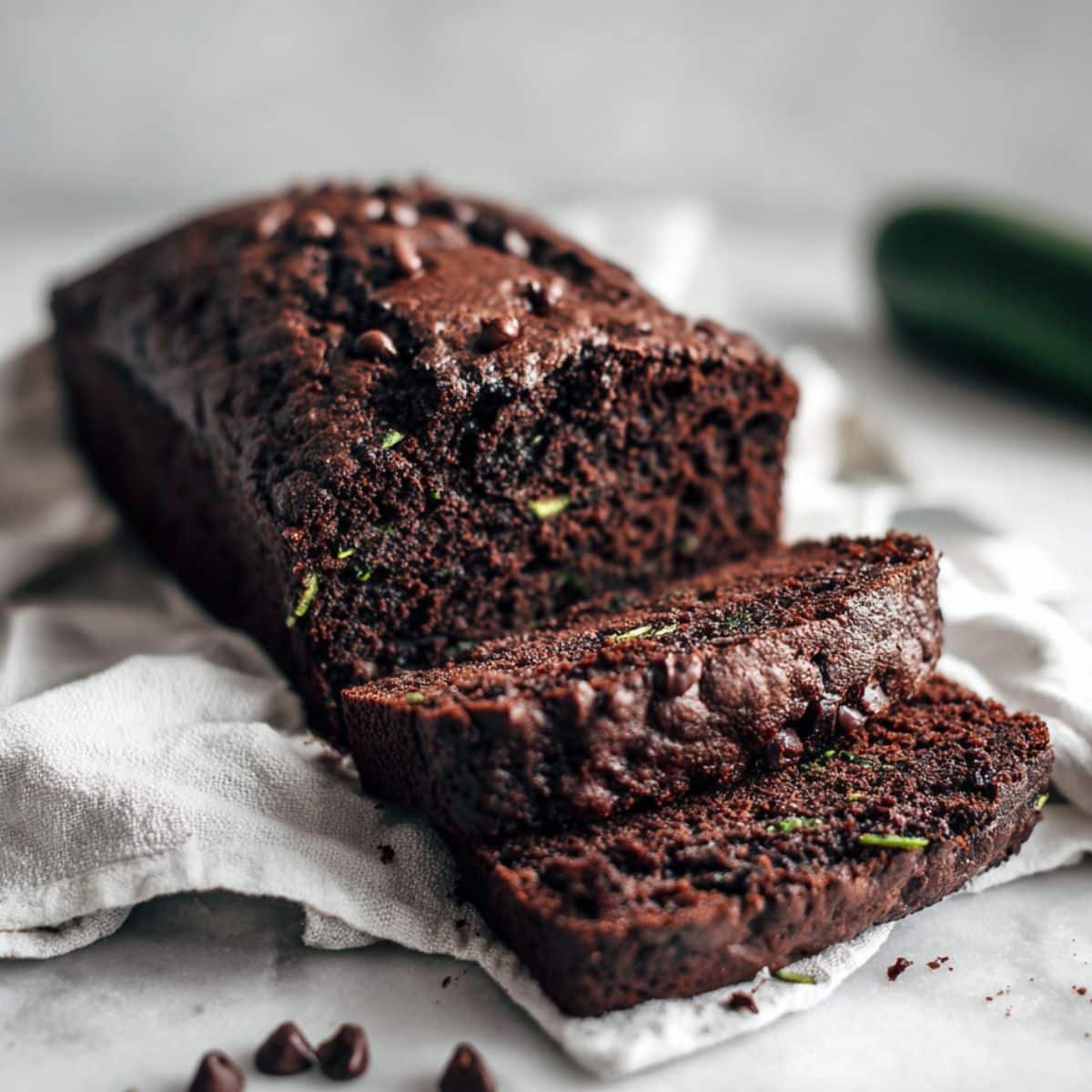 Homemade healthy chocolate zucchini bread sliced on a white kitchen counter with chocolate chips scattered around.