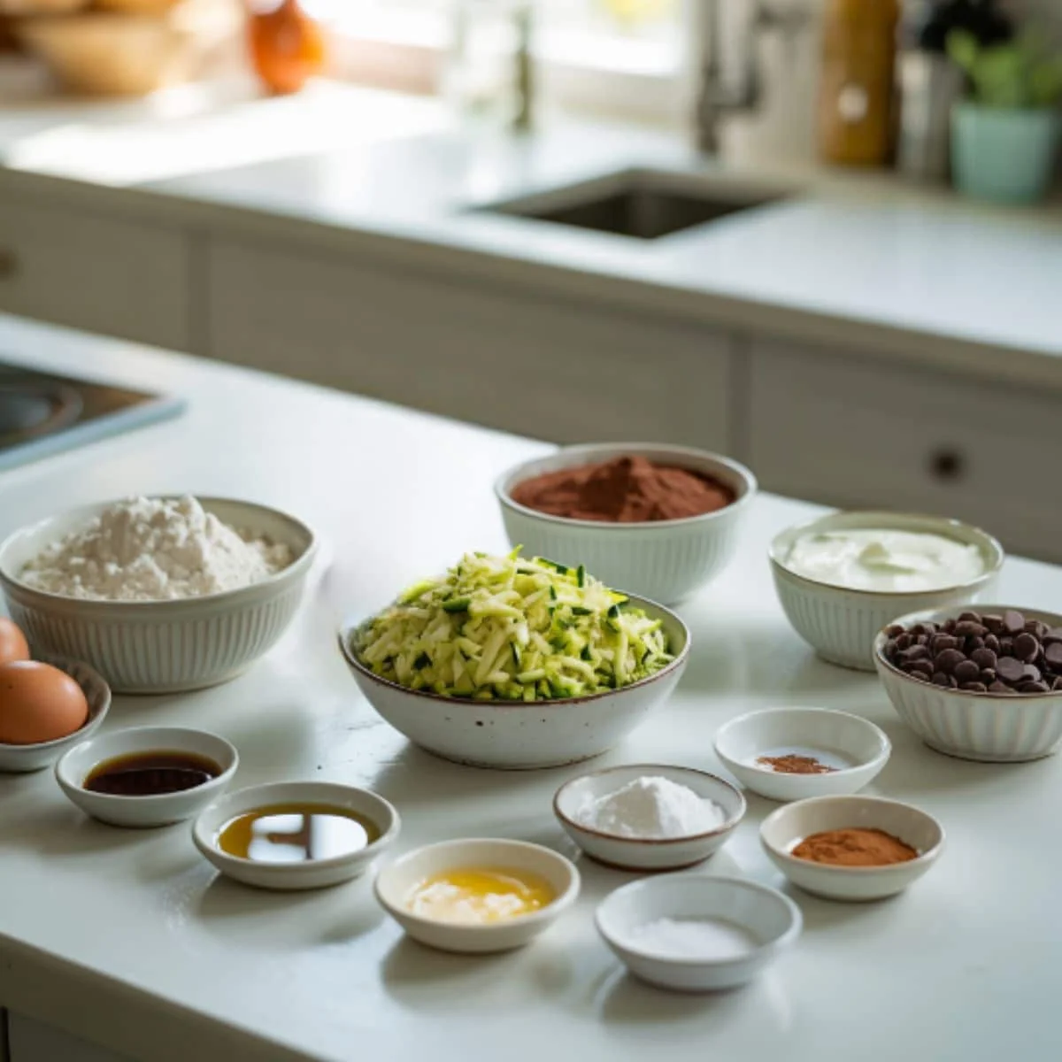 Top-down view of ingredients for healthy chocolate zucchini bread arranged in bowls on a white kitchen counter.