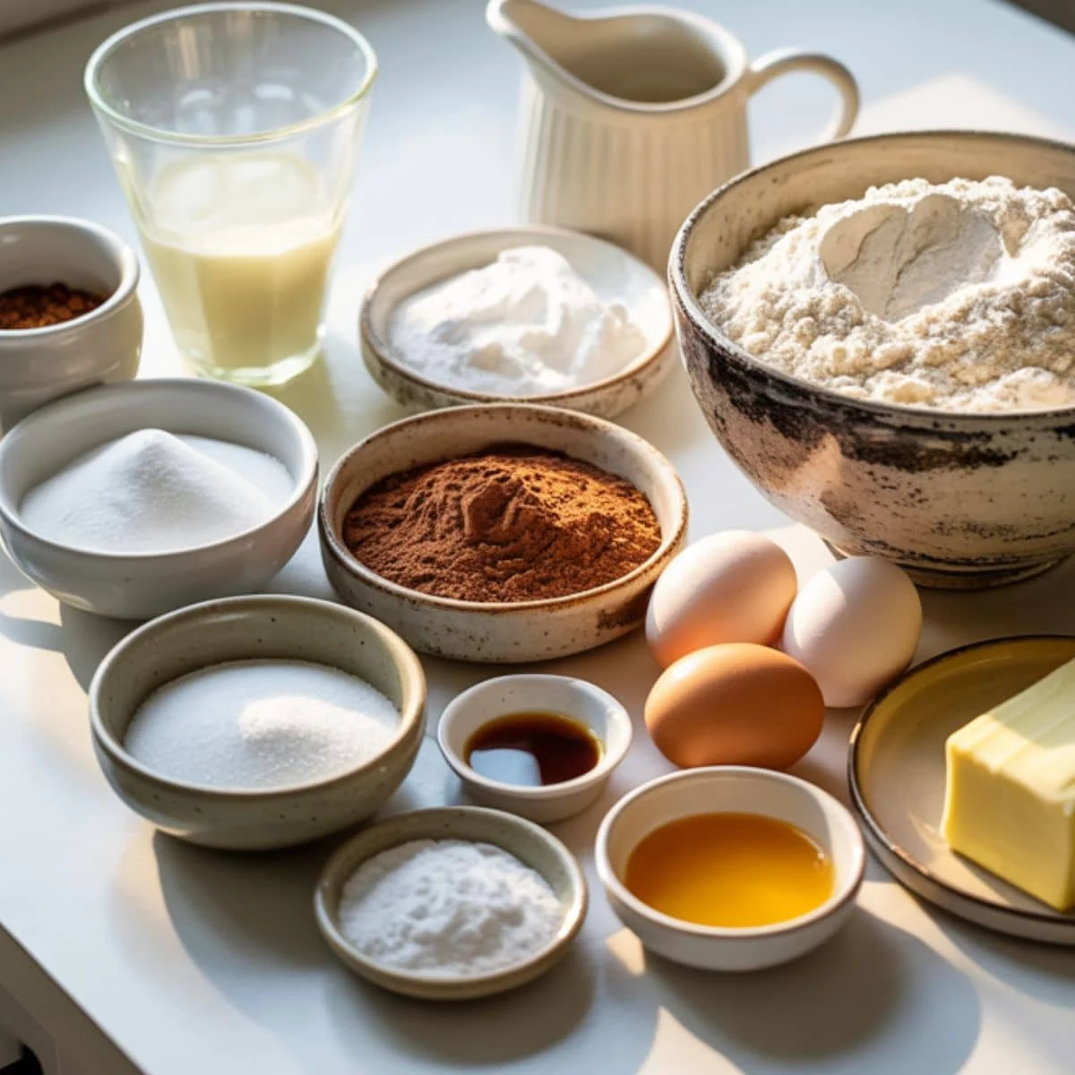 All measured ingredients for Hershey’s cake arranged in bowls on a white counter	
