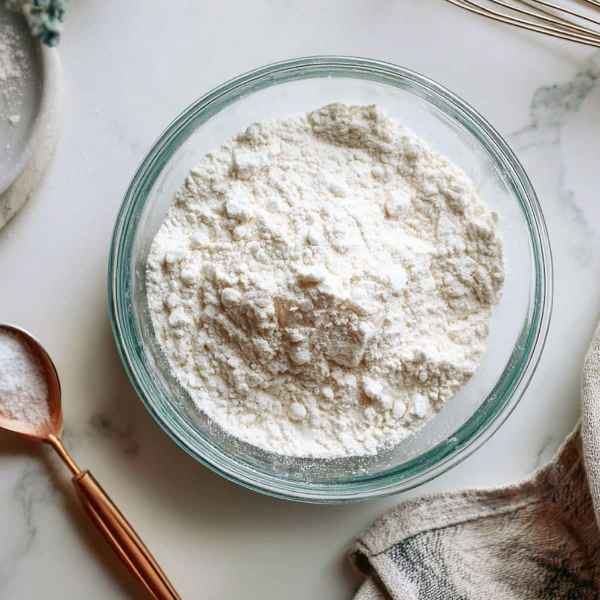 Homemade baking powder in a bowl with spoon on white counter