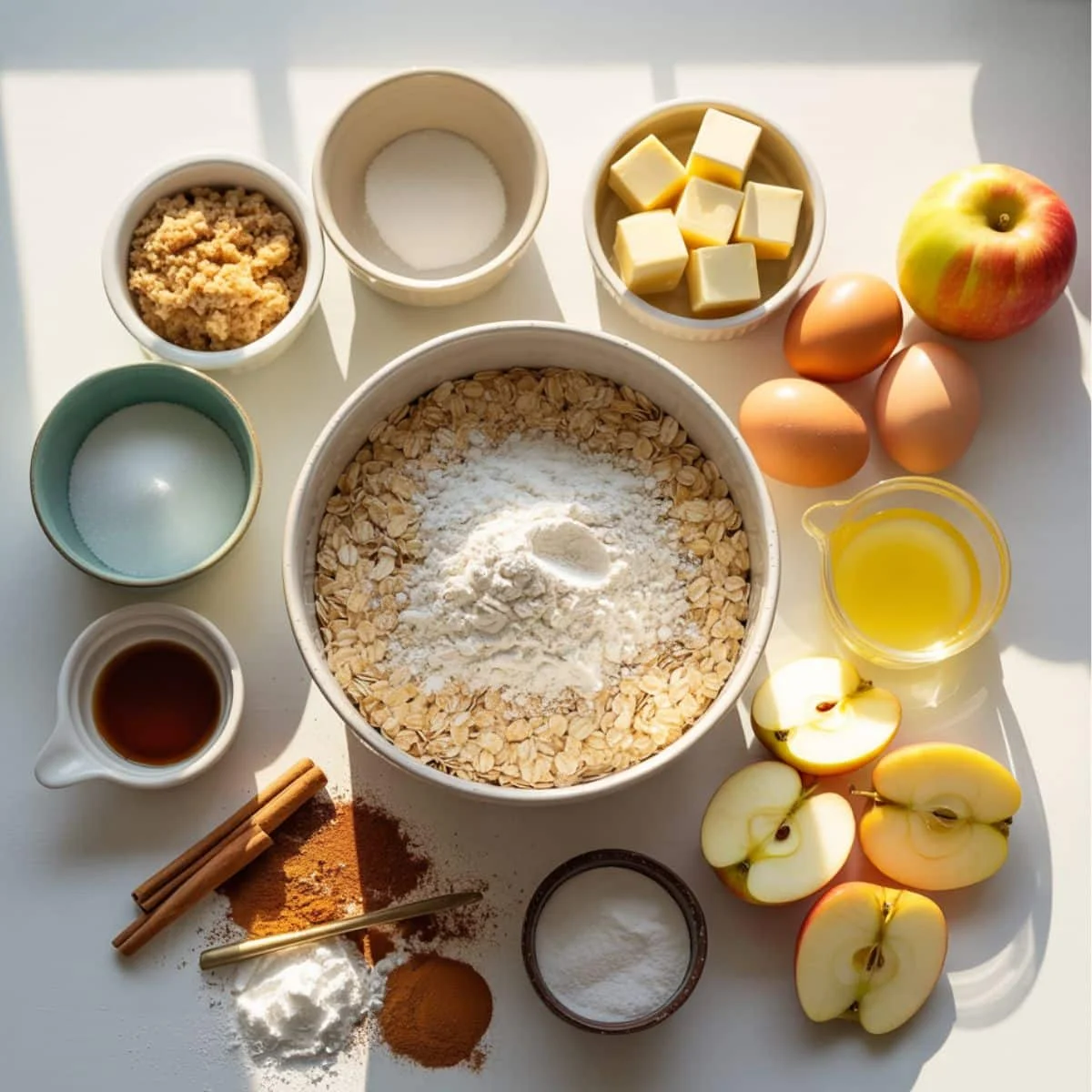 All ingredients for apple pie bars on a white counter	