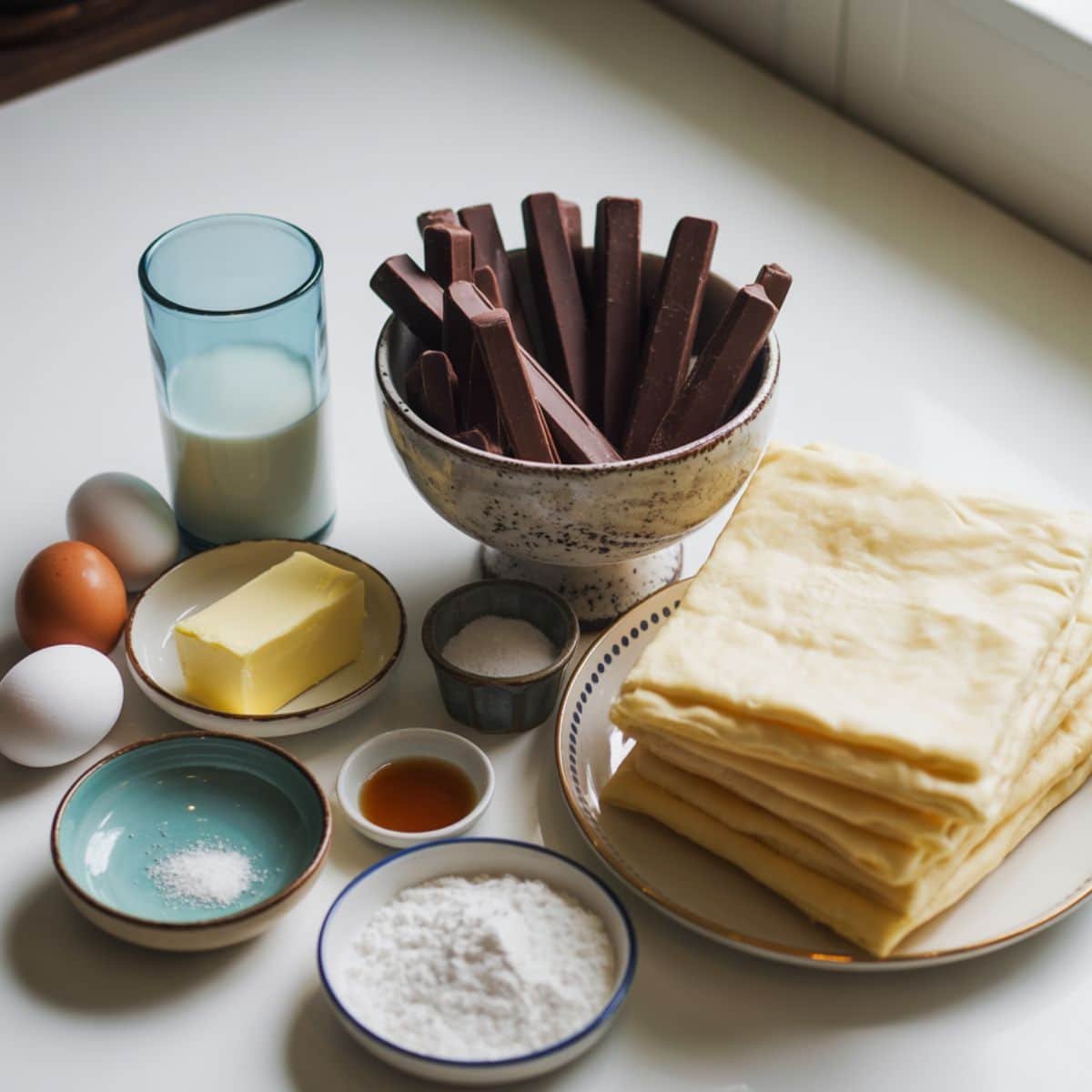 Flat lay of chocolate croissant ingredients on a white kitchen counter.