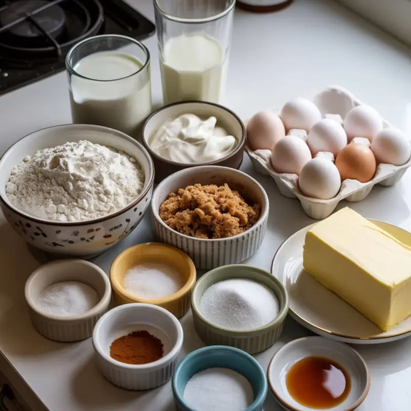 All ingredients for coffee cake muffins laid out on a white countertop	