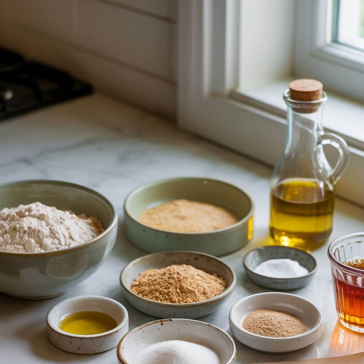 Gluten free pita bread ingredients arranged in bowls on counter