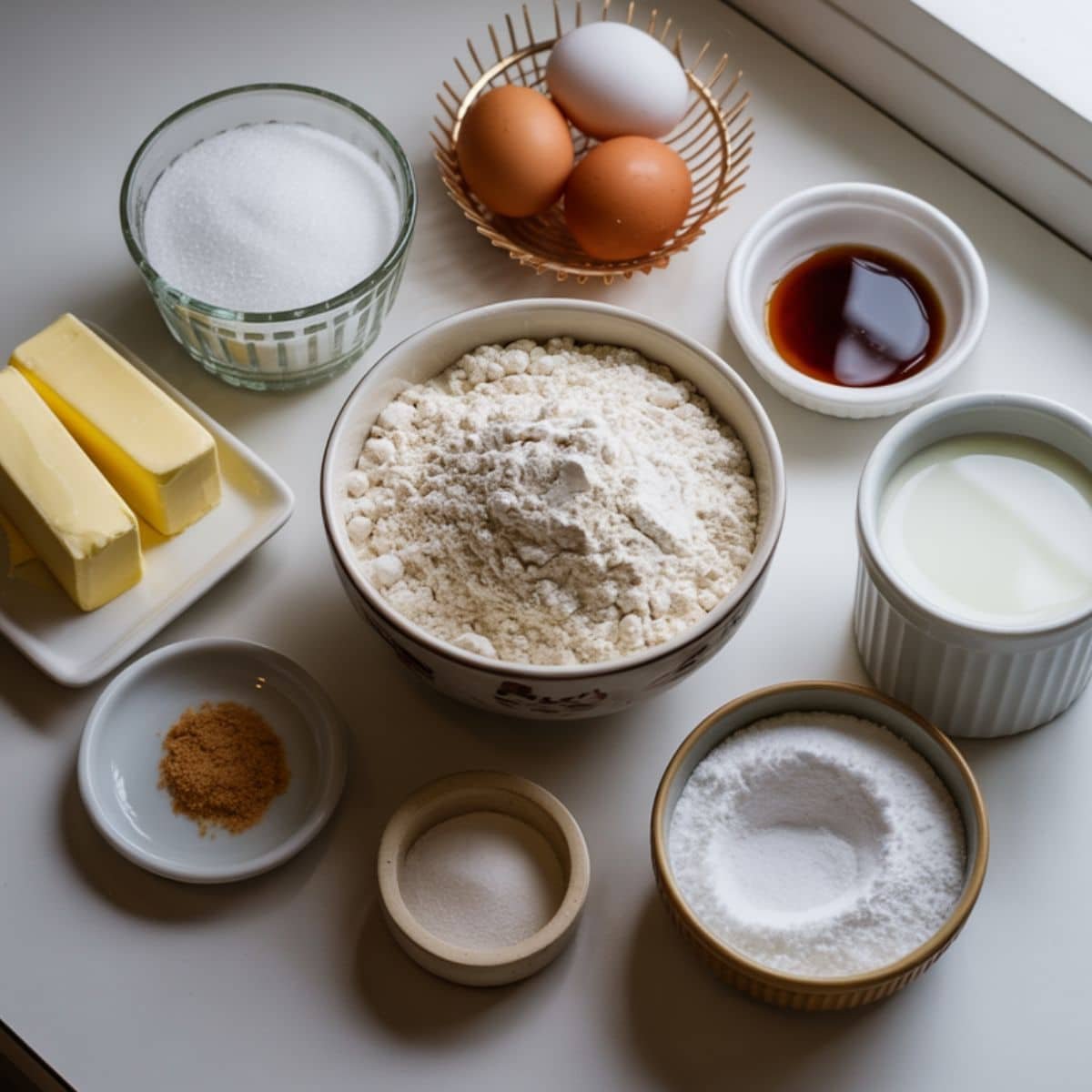 All ingredients for old fashioned tea cakes arranged on a white counter	