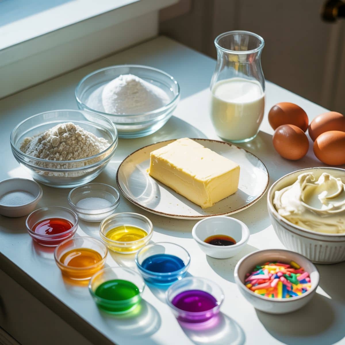 All rainbow cake ingredients arranged on a white counter before baking