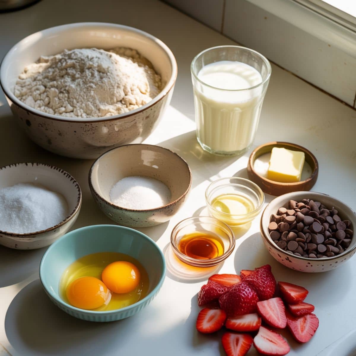 Pancake ingredients arranged in order including flour, sugar, baking powder, salt, eggs, milk, butter, vanilla, strawberries, and chocolate chips