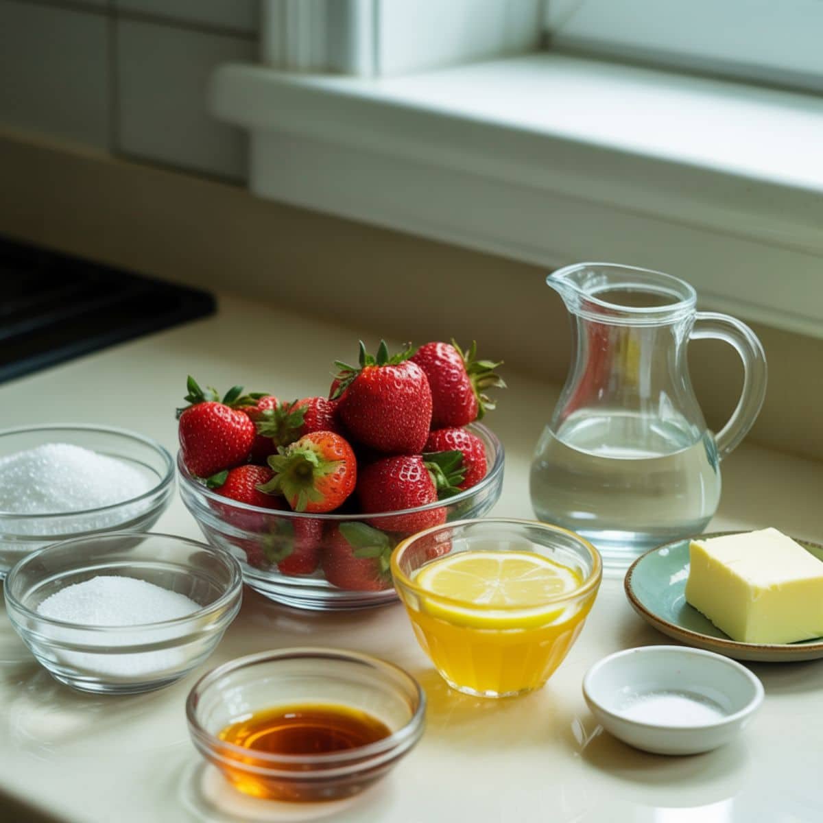 Ingredients for homemade strawberry pie filling laid out on white counter.	