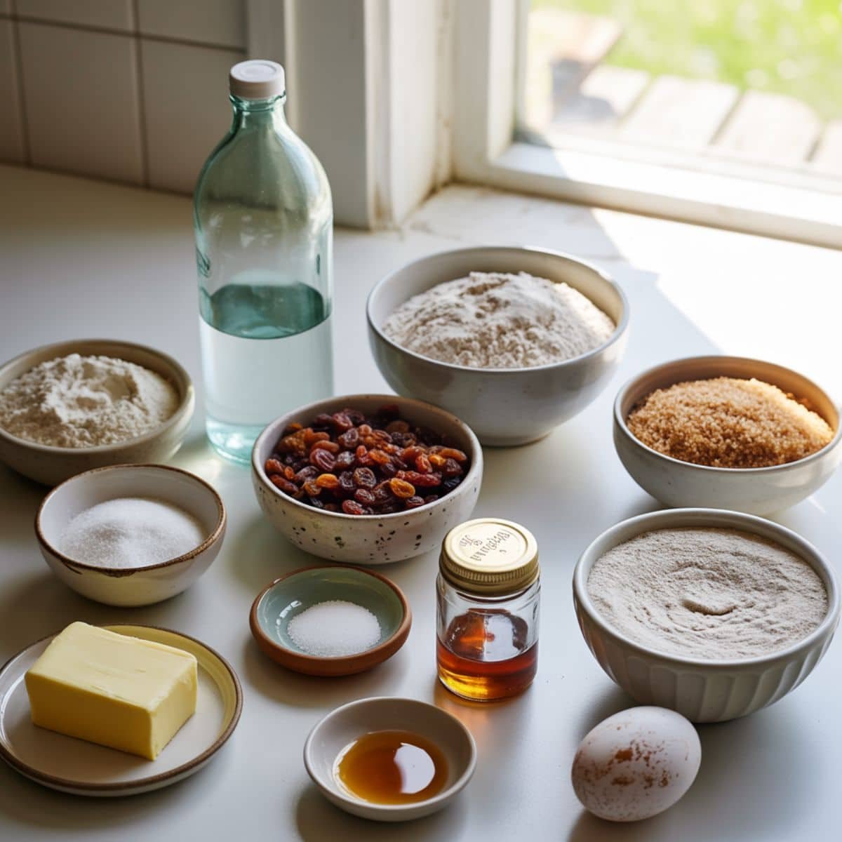 Sourdough cinnamon raisin bread ingredients in small bowls and jars on white counter