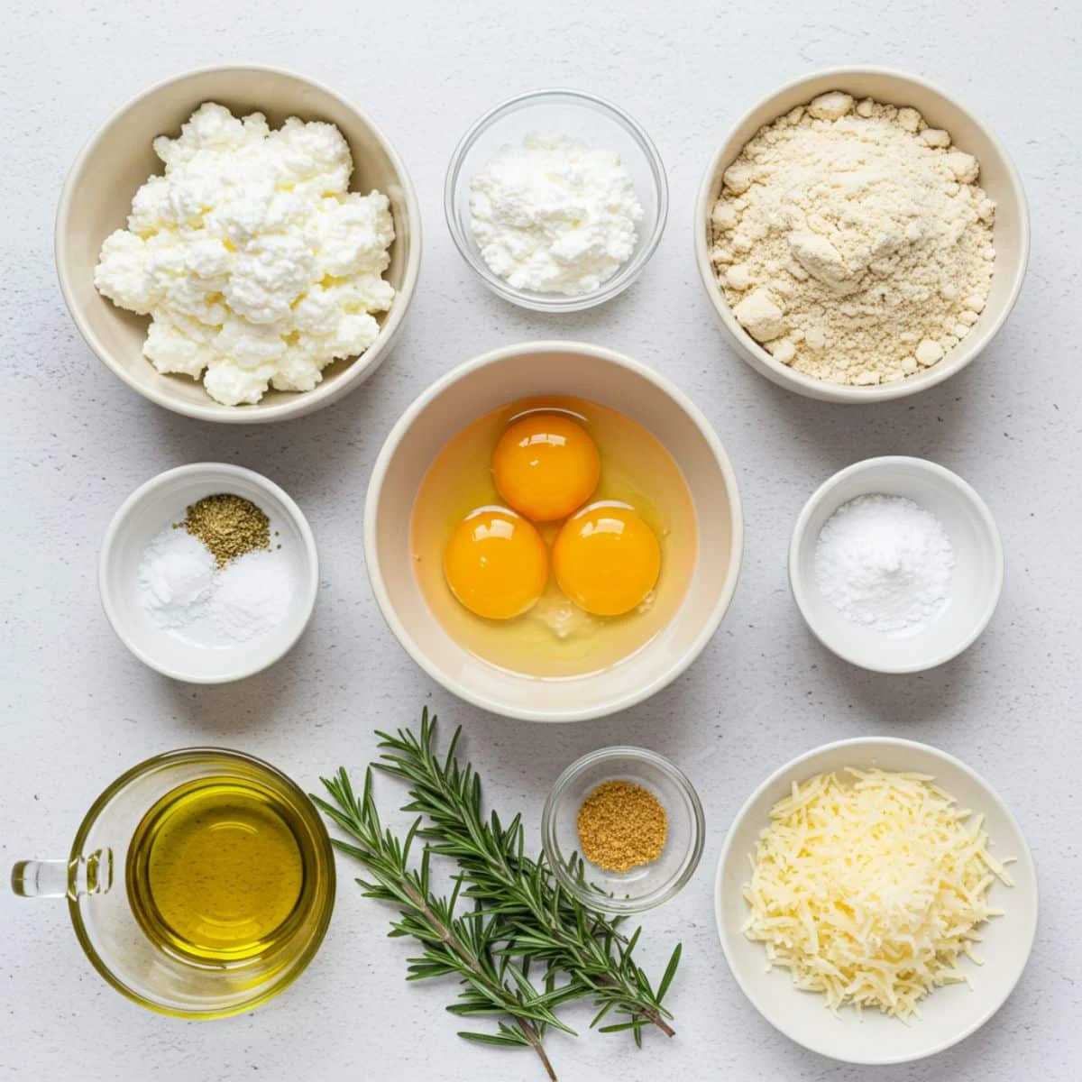 Ingredients for cottage cheese bread recipe spread on a white counter