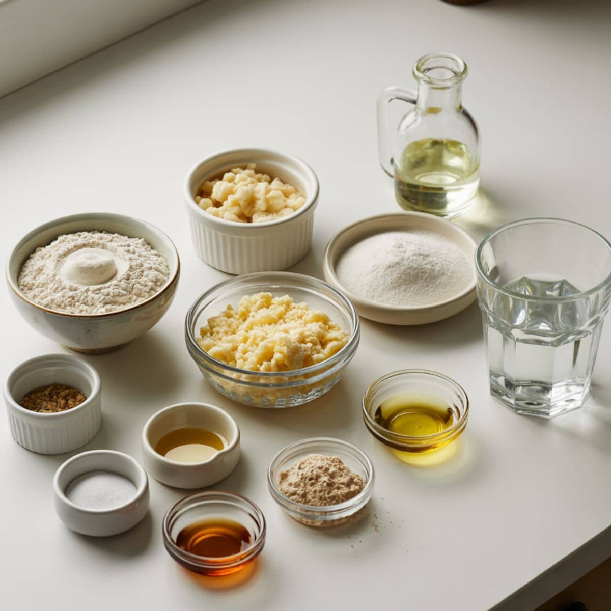 Measured gluten-free bread ingredients arranged on a white counter	