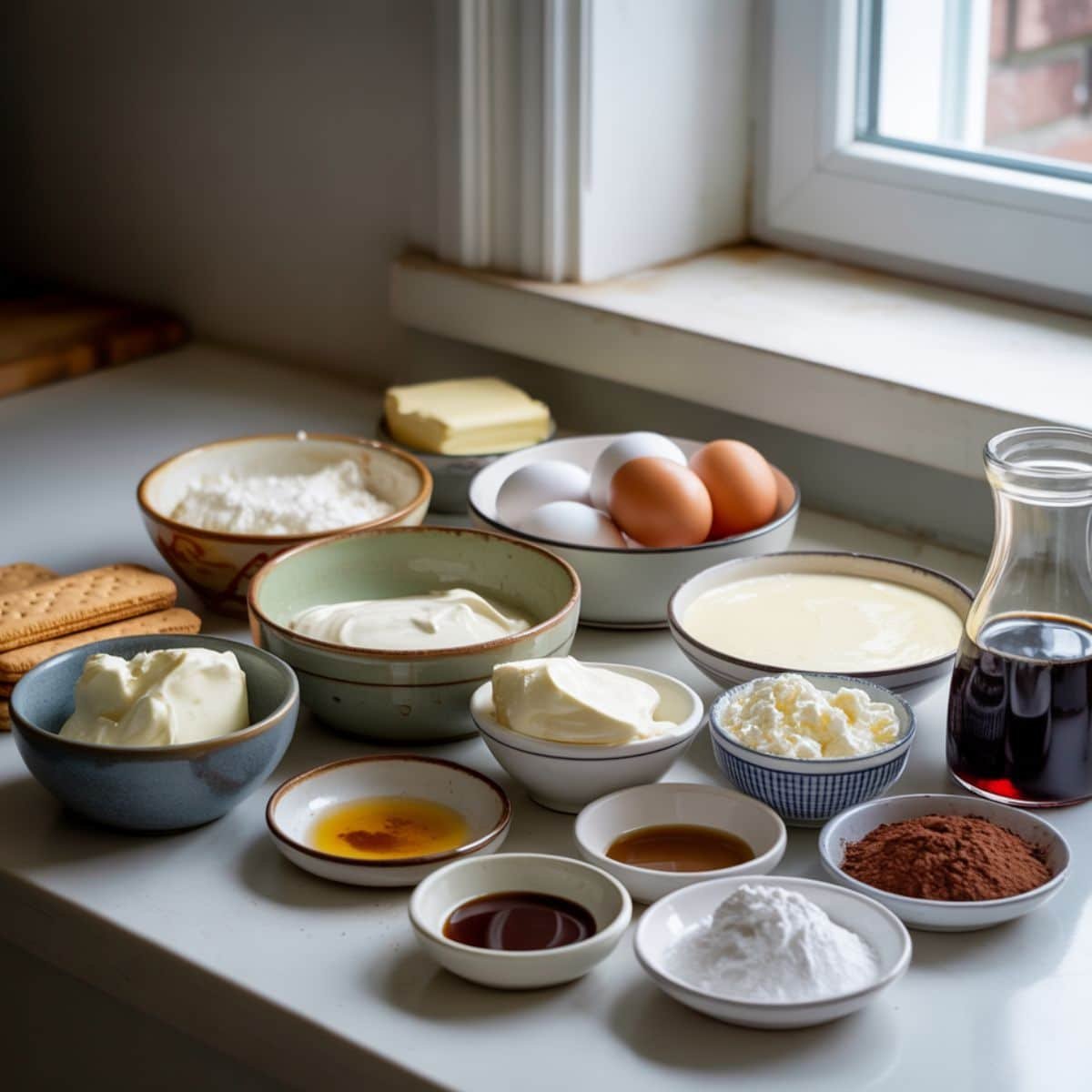 All tiramisu cheesecake ingredients displayed on a white kitchen table from above