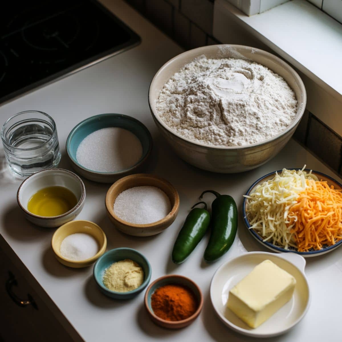 All ingredients for jalapeño cheese bread on white counter	