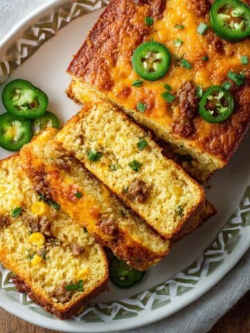 omemade Jiffy Mexican cornbread cut into slices on a plate, showing golden crust with visible corn kernels, melted cheddar cheese, jalapeños, and ground beef inside