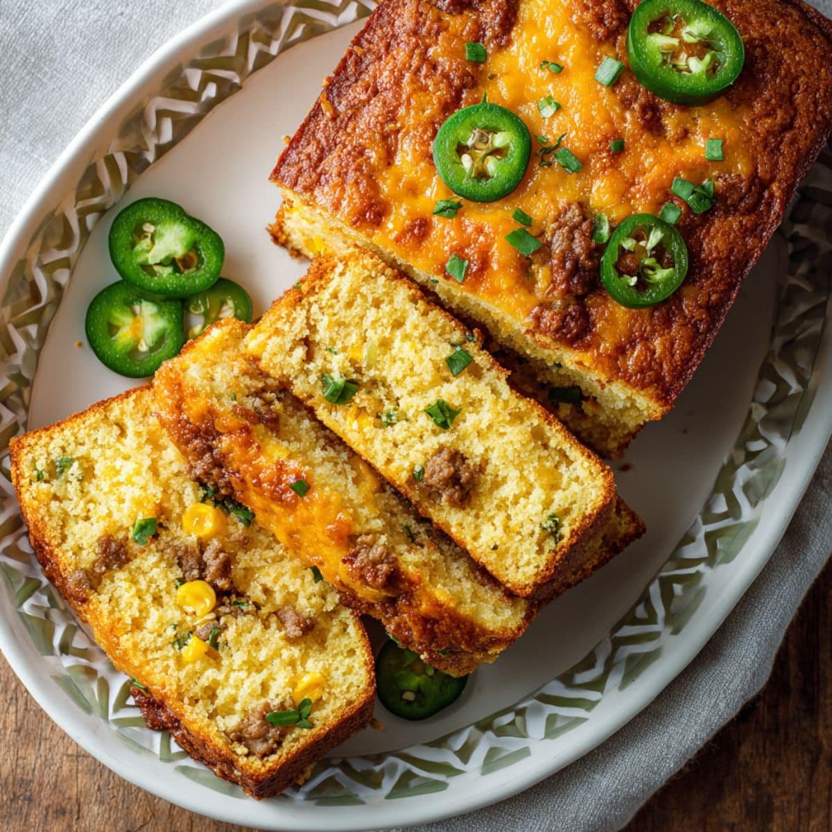 omemade Jiffy Mexican cornbread cut into slices on a plate, showing golden crust with visible corn kernels, melted cheddar cheese, jalapeños, and ground beef inside