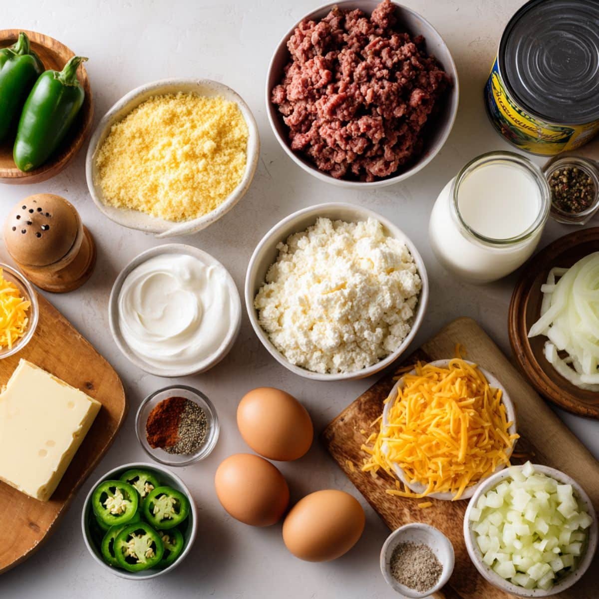 Flatlay of all ingredients for homemade Jiffy Mexican cornbread recipe arranged on a white kitchen counter