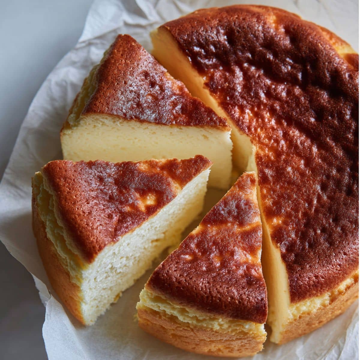 Fluffy Japanese jiggly cheesecake with golden top	