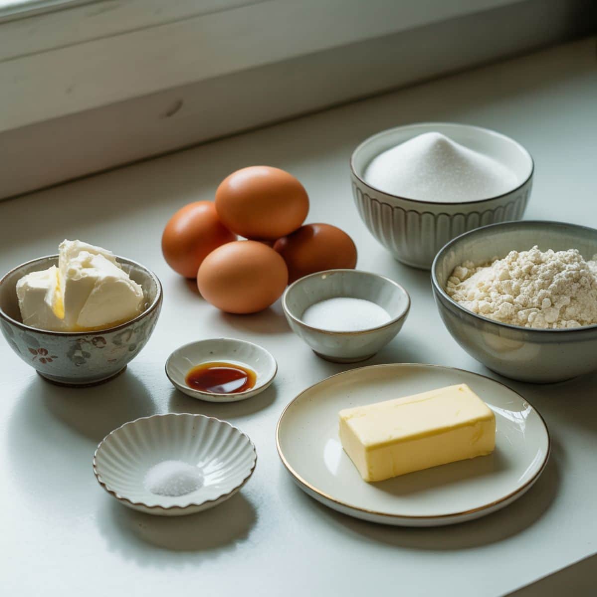 All ingredients for Japanese cheesecake on white kitchen counter	