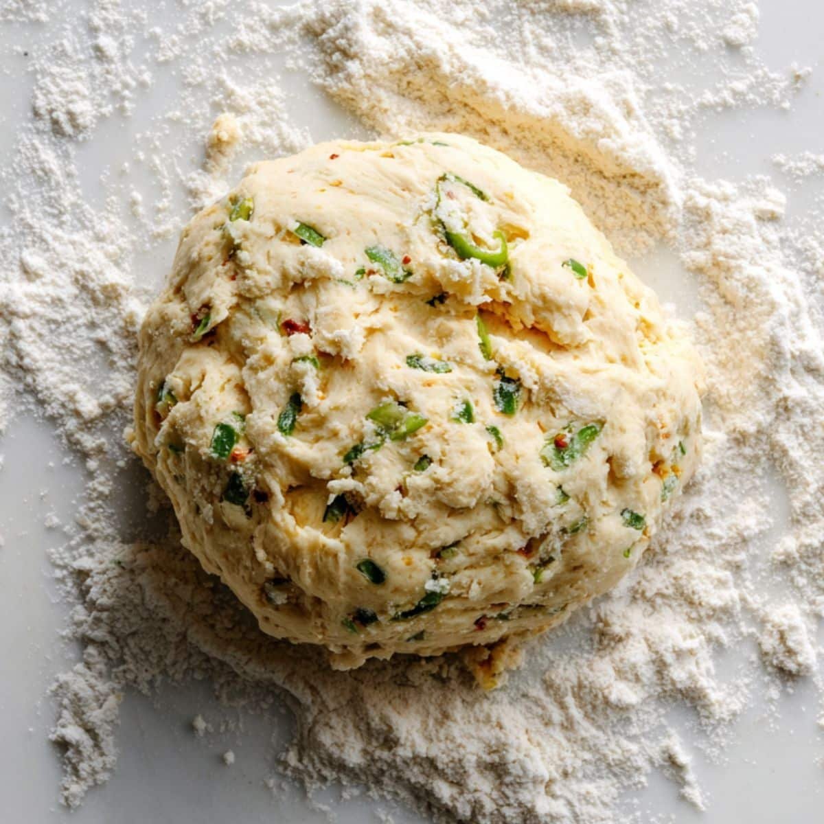 Dough being kneaded with jalapeños and cheese folded in, on floured surface