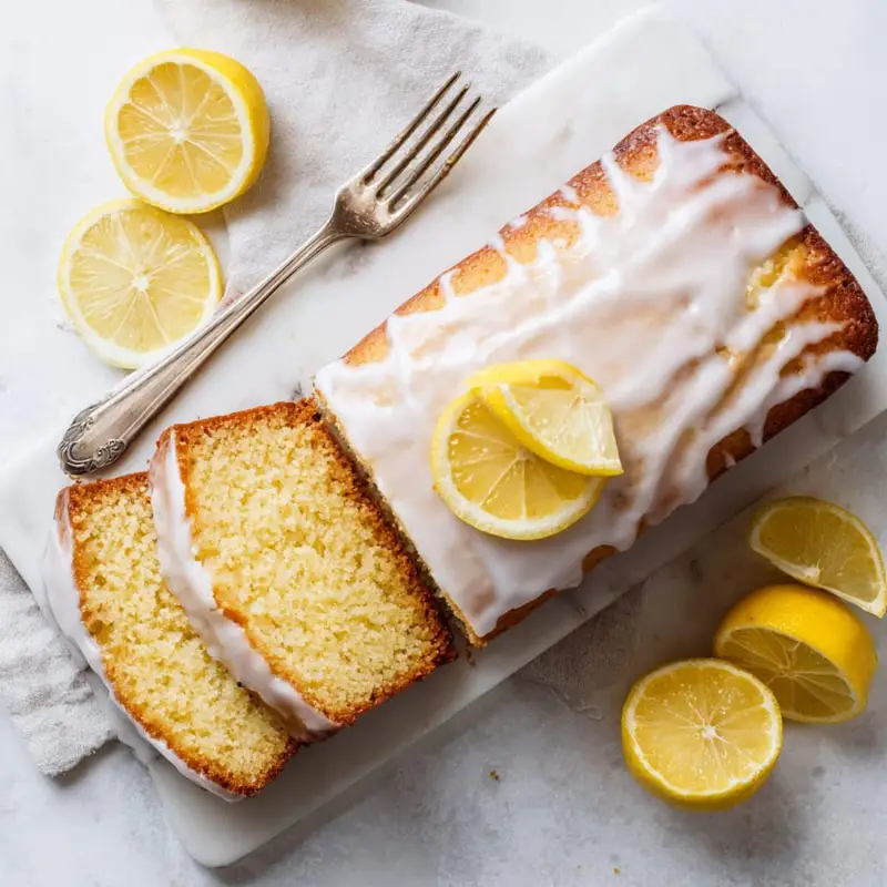 Moist lemon loaf cake slices with lemon glaze on a white plate in a bright kitchen
