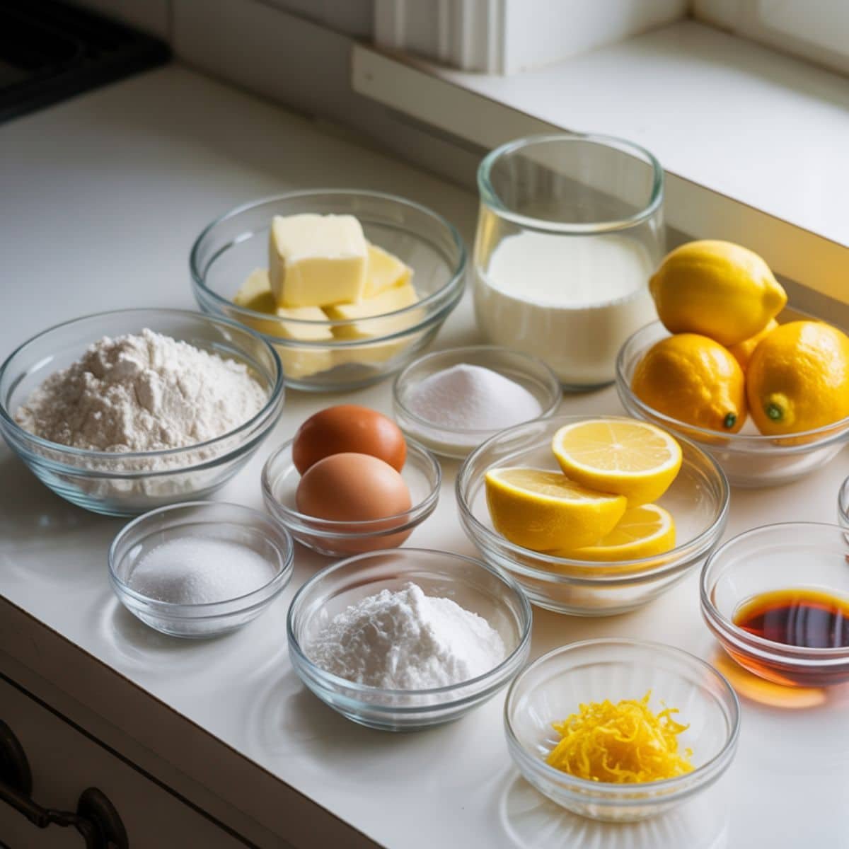 Flat lay of all ingredients for lemon loaf cake arranged neatly on a white marble counter