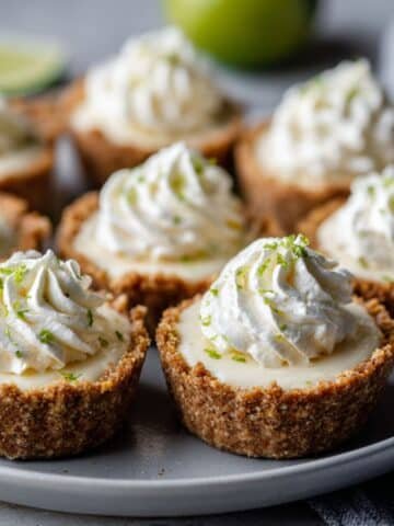 Homemade mini key lime pies with graham cracker crust, whipped cream topping, and lime zest