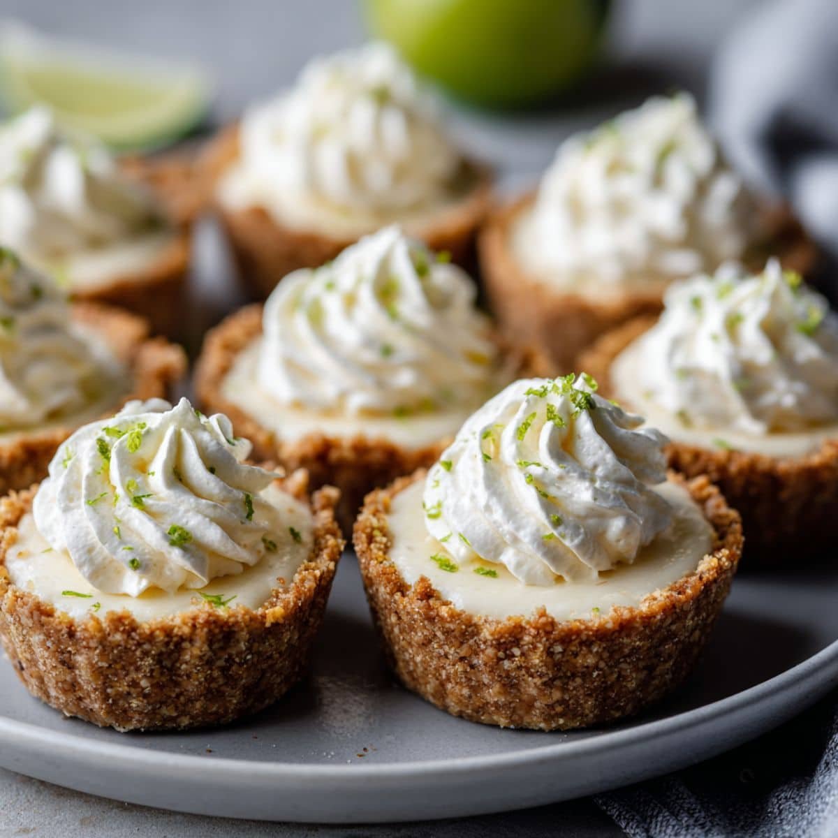 Homemade mini key lime pies with graham cracker crust, whipped cream topping, and lime zest