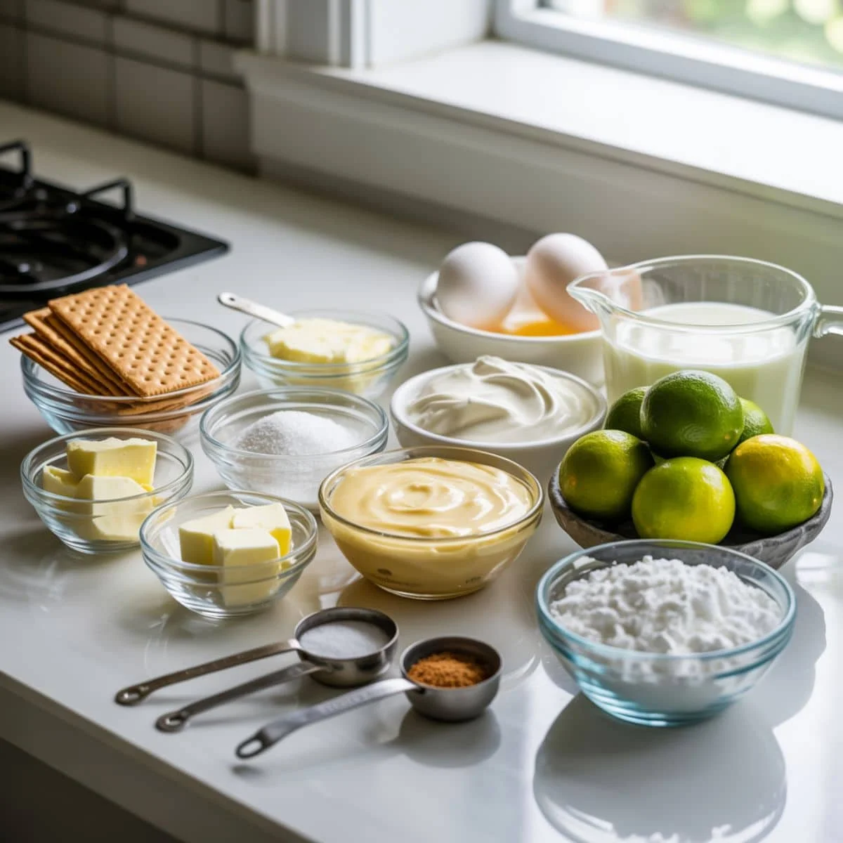 Flat lay of mini key lime pie ingredients on white kitchen counter with limes, cream cheese, and graham crackers