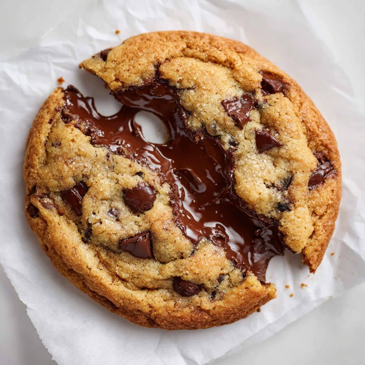 Gooey Nutella-filled cookie being pulled apart	