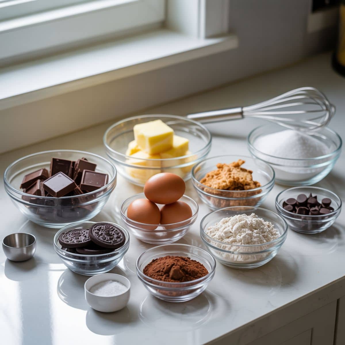 Top-down flat lay of Oreo brownie recipe ingredients arranged in order on a white kitchen counter, simple homemade setup
