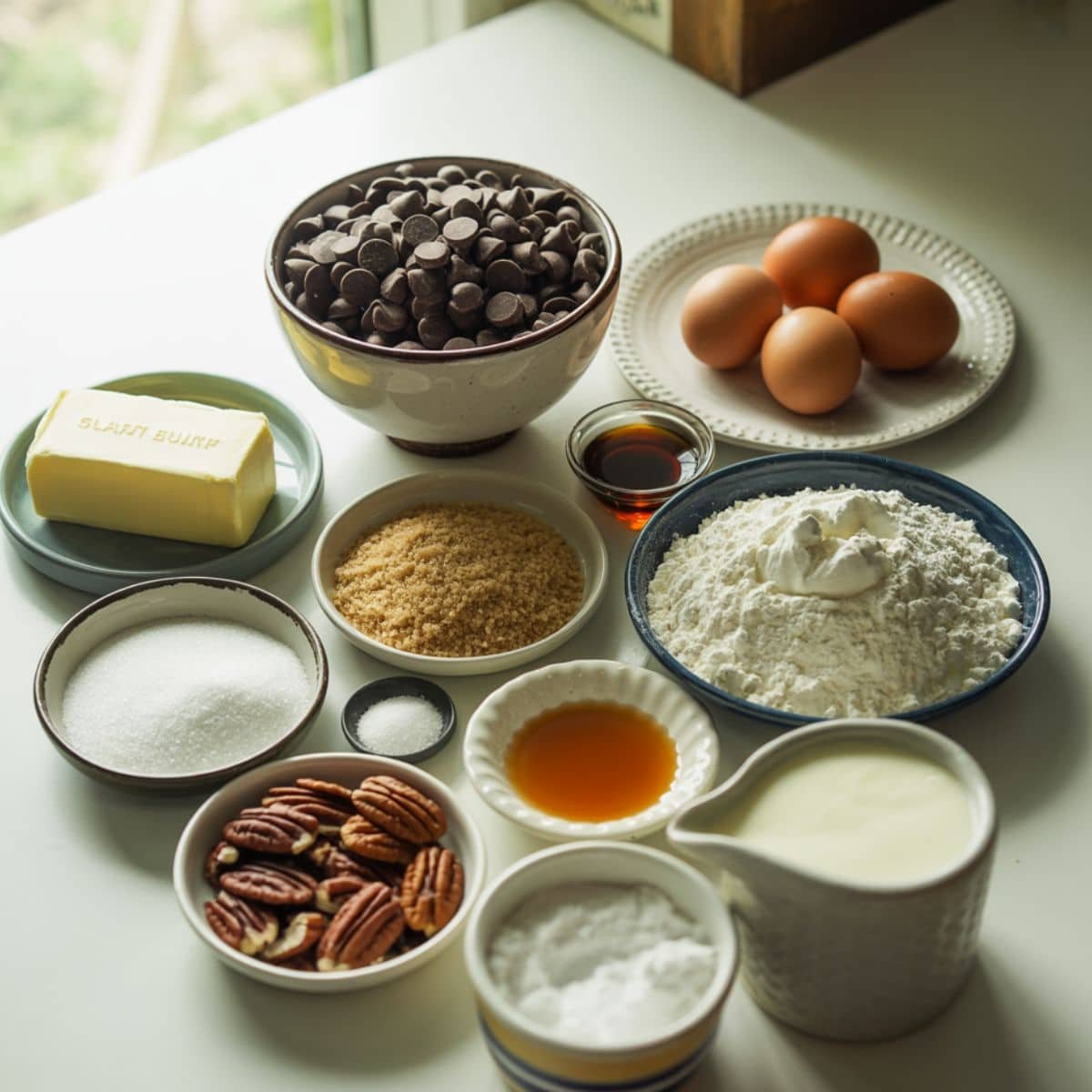 Top-down photo of all ingredients for pecan pie brownies