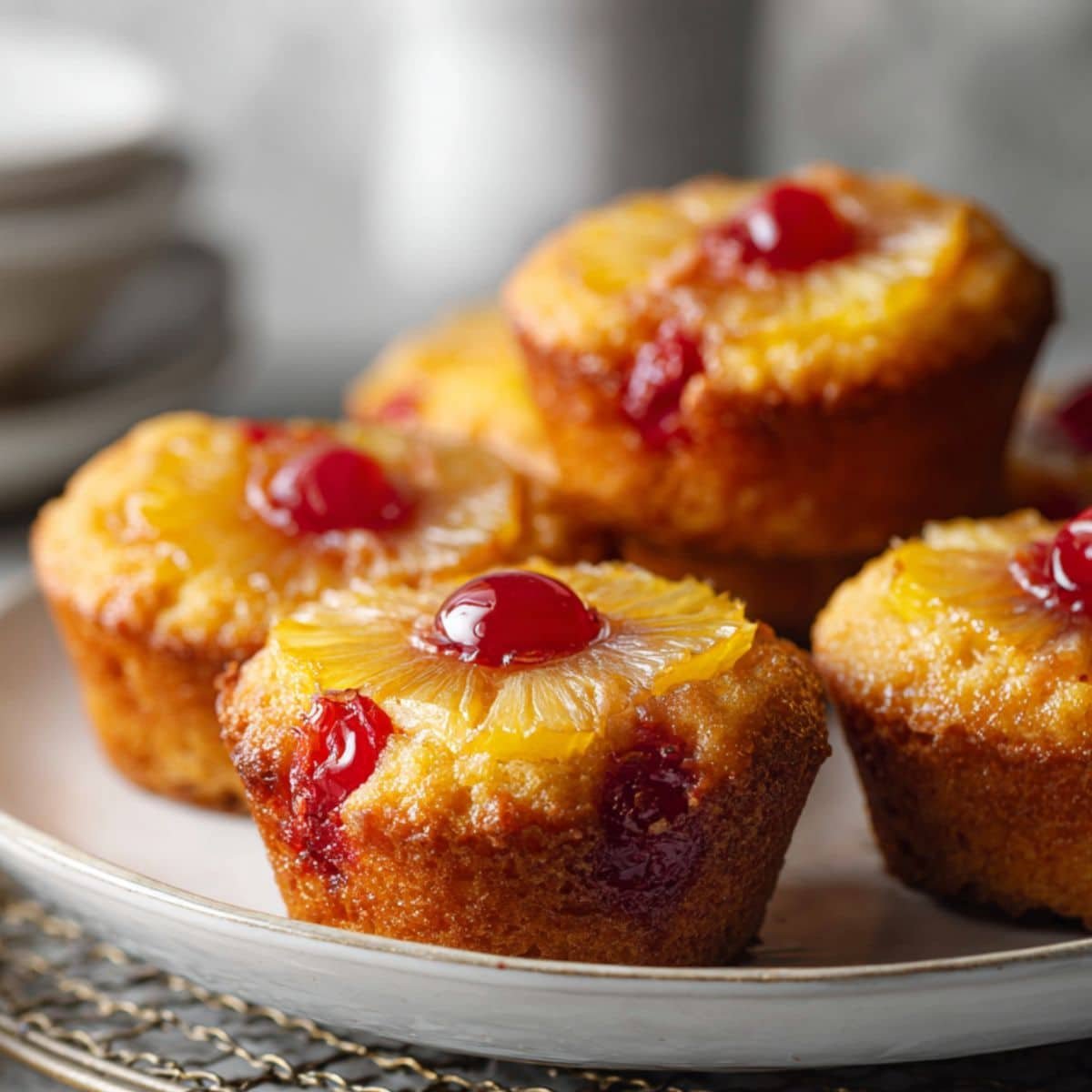 Freshly baked pineapple upside down cupcakes cooling on a rack