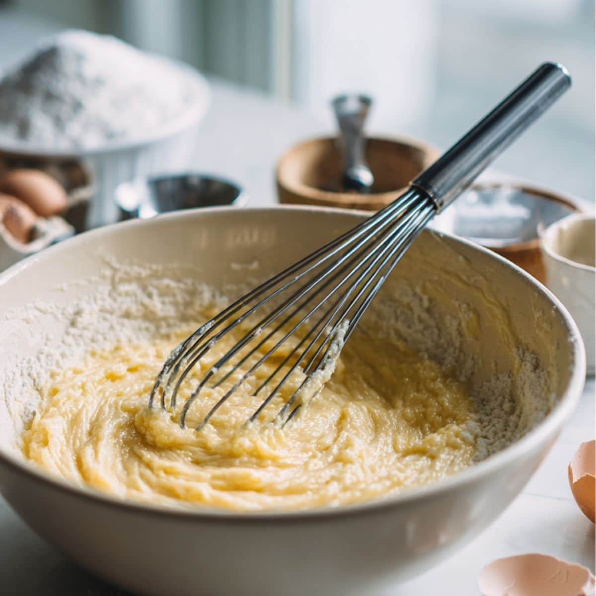 Mixing cupcake batter in a bowl for pineapple cupcakes