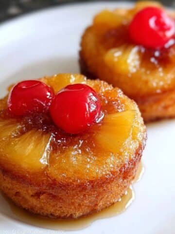 Homemade pineapple upside down cupcakes on a white kitchen counter